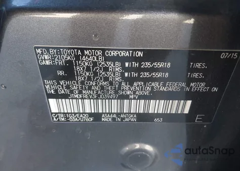 2015 Toyota Rav4 Limited z USA, uszkodzony, nr VIN JTMDFREV3FJ039497